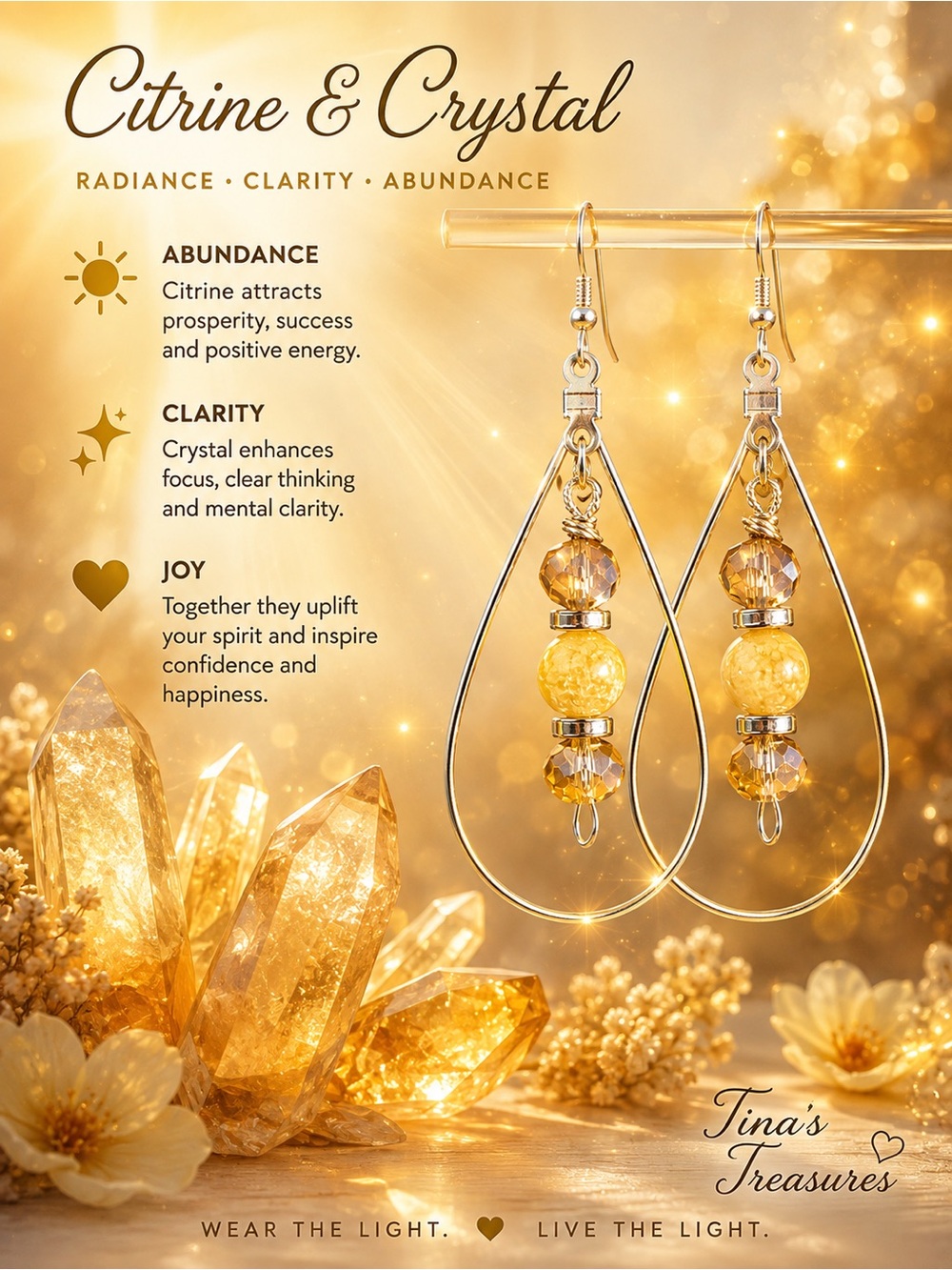 Citrine & Crystal Teardrop Earrings - Gold Tone, Yellow